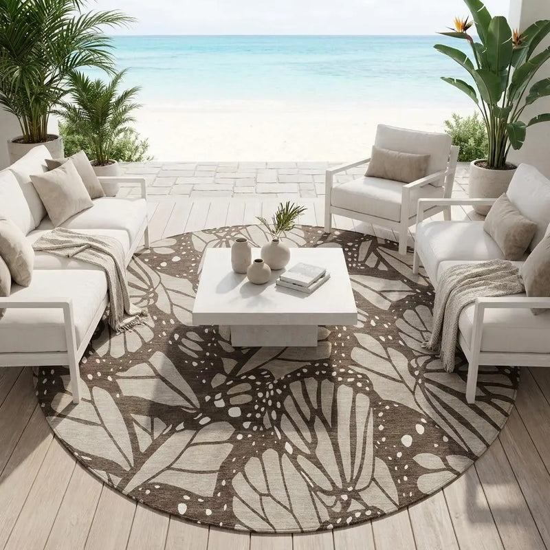 8' Beige And Brown Round Animal Print Washable Indoor Outdoor Area Rug Homeroots Outdoor