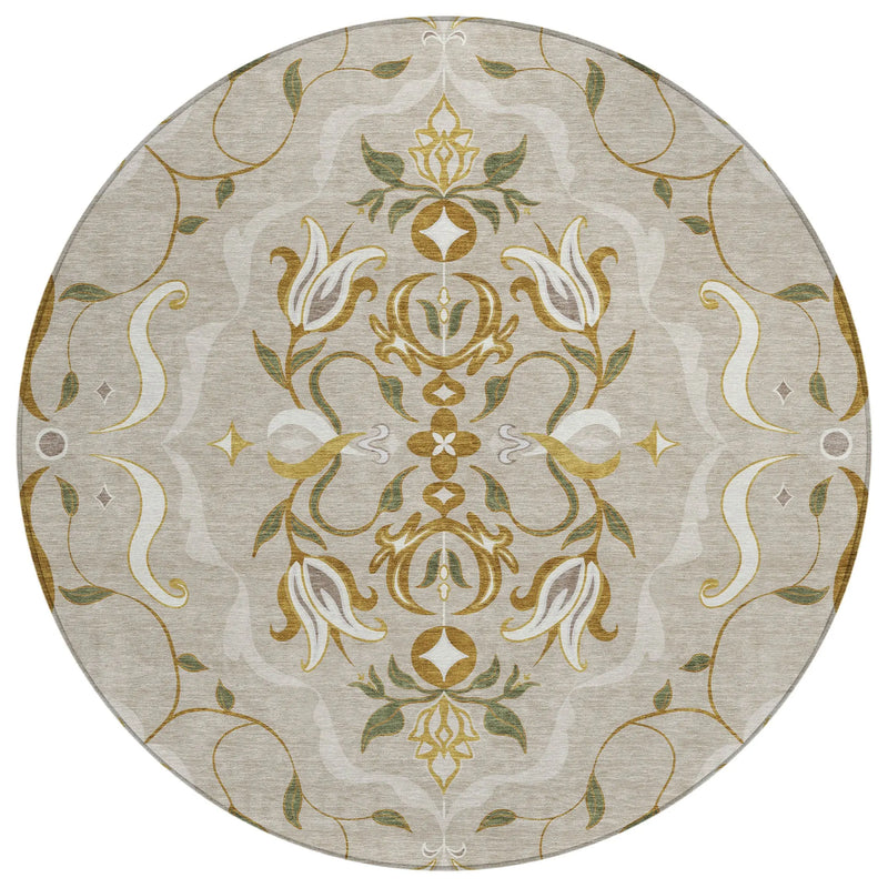 8' Beige And Brown Round Damask Washable Indoor Outdoor Area Rug Homeroots Outdoor