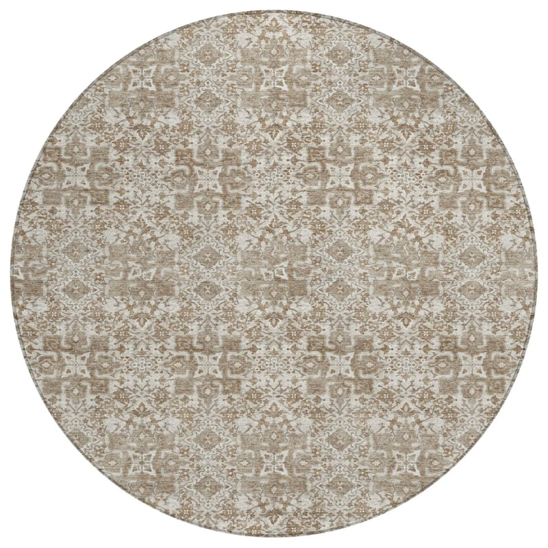 8' Beige And Brown Round Damask Washable Indoor Outdoor Area Rug Homeroots Outdoor