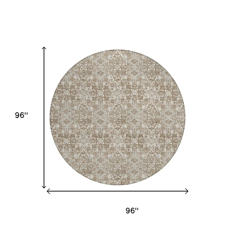 8' Beige And Brown Round Damask Washable Indoor Outdoor Area Rug Homeroots Outdoor