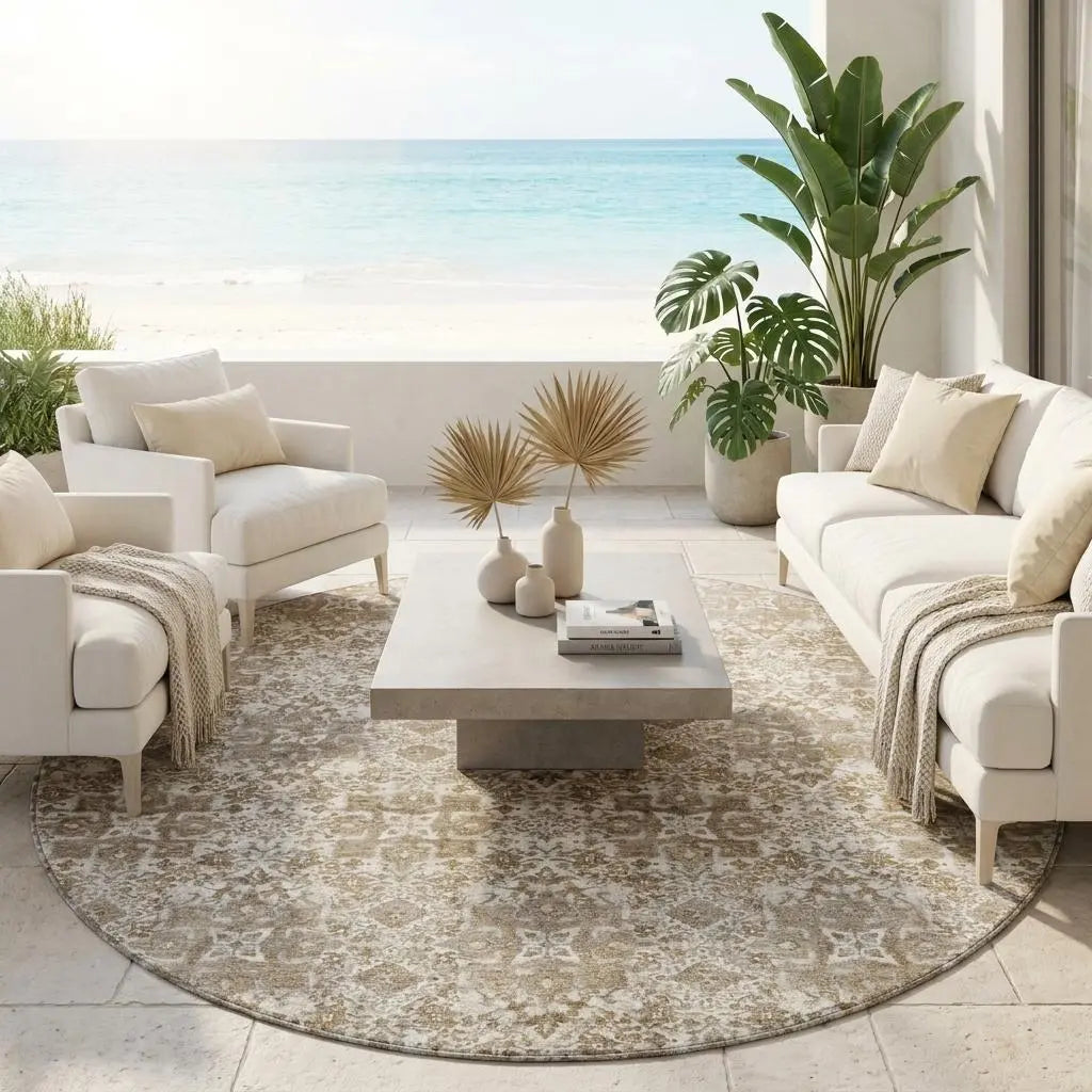 8' Beige And Brown Round Damask Washable Indoor Outdoor Area Rug Homeroots Outdoor