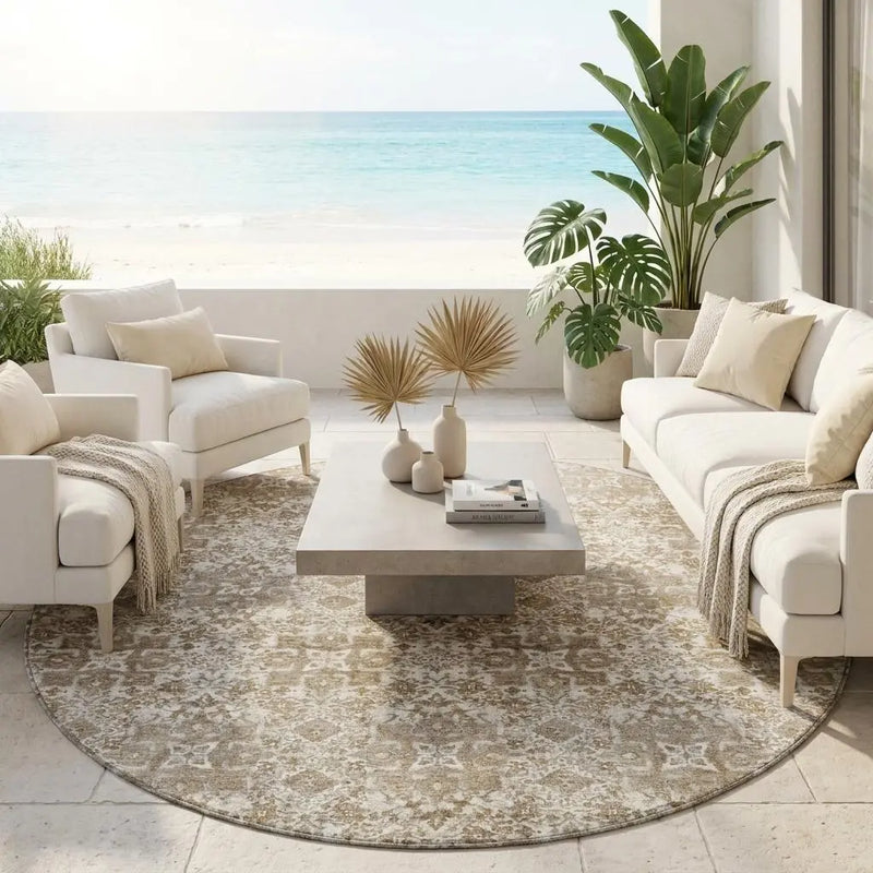 8' Beige And Brown Round Damask Washable Indoor Outdoor Area Rug Homeroots Outdoor