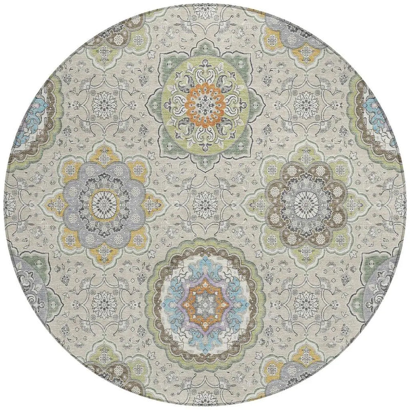 8' Beige And Brown Round Floral Medallion Washable Indoor Outdoor Area Rug Homeroots Outdoor