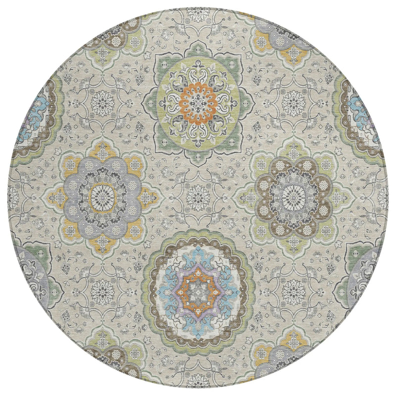 8' Beige And Brown Round Floral Medallion Washable Indoor Outdoor Area Rug Homeroots Outdoor