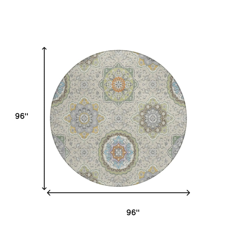 8' Beige And Brown Round Floral Medallion Washable Indoor Outdoor Area Rug Homeroots Outdoor