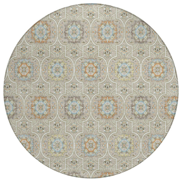 8' Beige And Brown Round Floral Medallion Washable Indoor Outdoor Area Rug Homeroots Outdoor