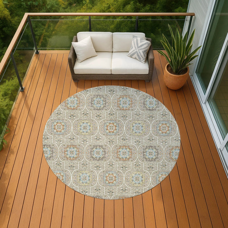 8' Beige And Brown Round Floral Medallion Washable Indoor Outdoor Area Rug Homeroots Outdoor