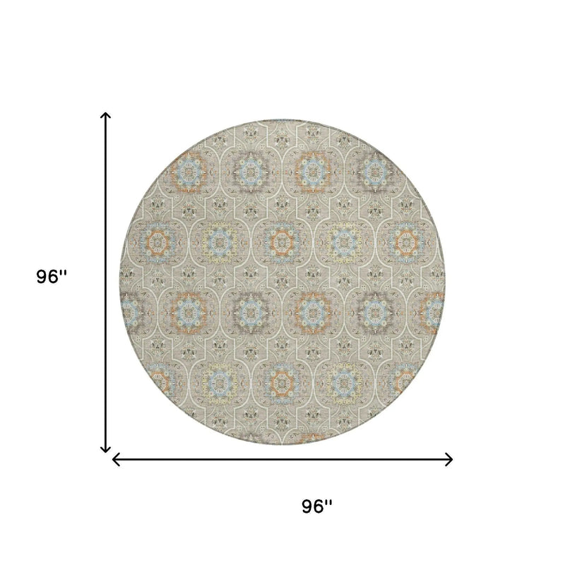 8' Beige And Brown Round Floral Medallion Washable Indoor Outdoor Area Rug Homeroots Outdoor