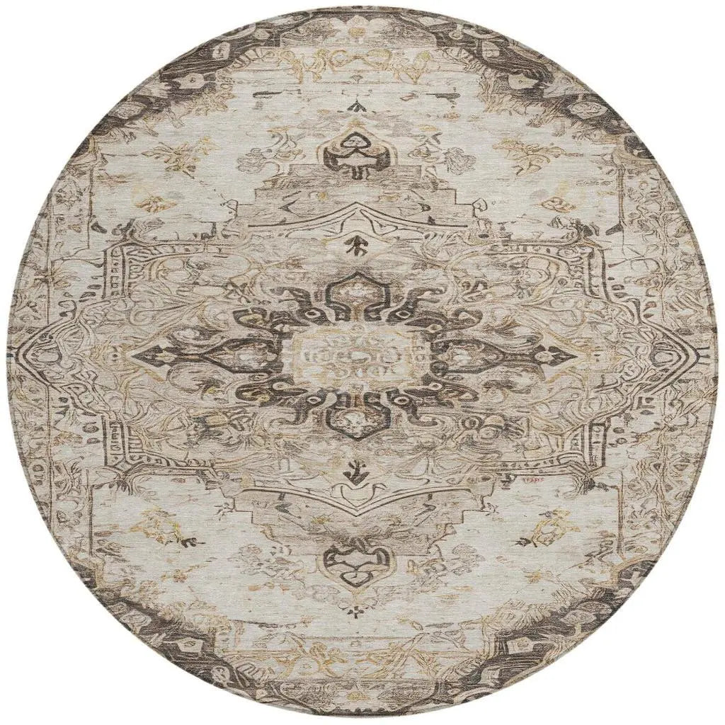 8' Beige And Brown Round Floral Medallion Washable Indoor Outdoor Area Rug Homeroots Outdoor