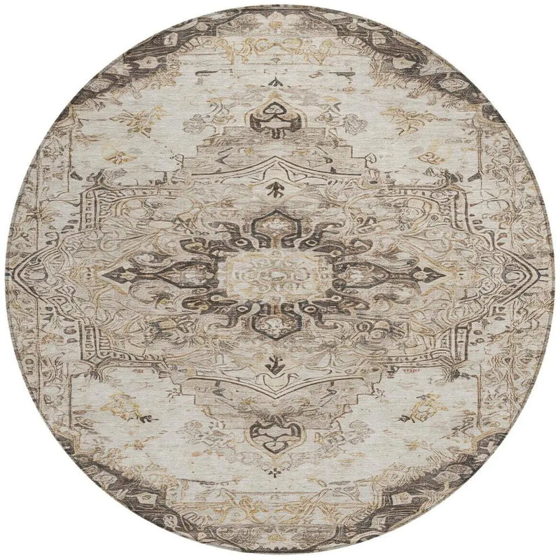8' Beige And Brown Round Floral Medallion Washable Indoor Outdoor Area Rug Homeroots Outdoor