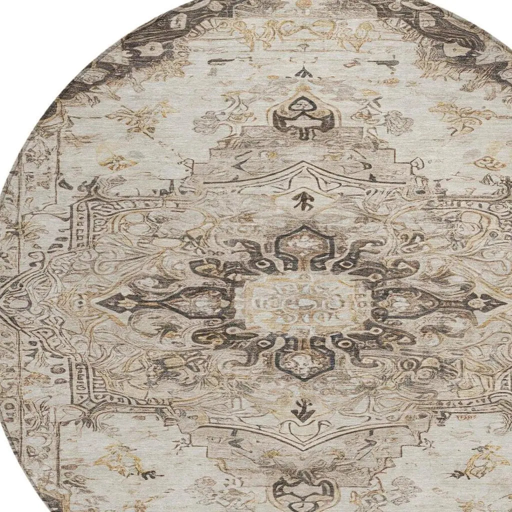 8' Beige And Brown Round Floral Medallion Washable Indoor Outdoor Area Rug Homeroots Outdoor