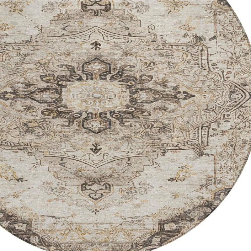 8' Beige And Brown Round Floral Medallion Washable Indoor Outdoor Area Rug Homeroots Outdoor