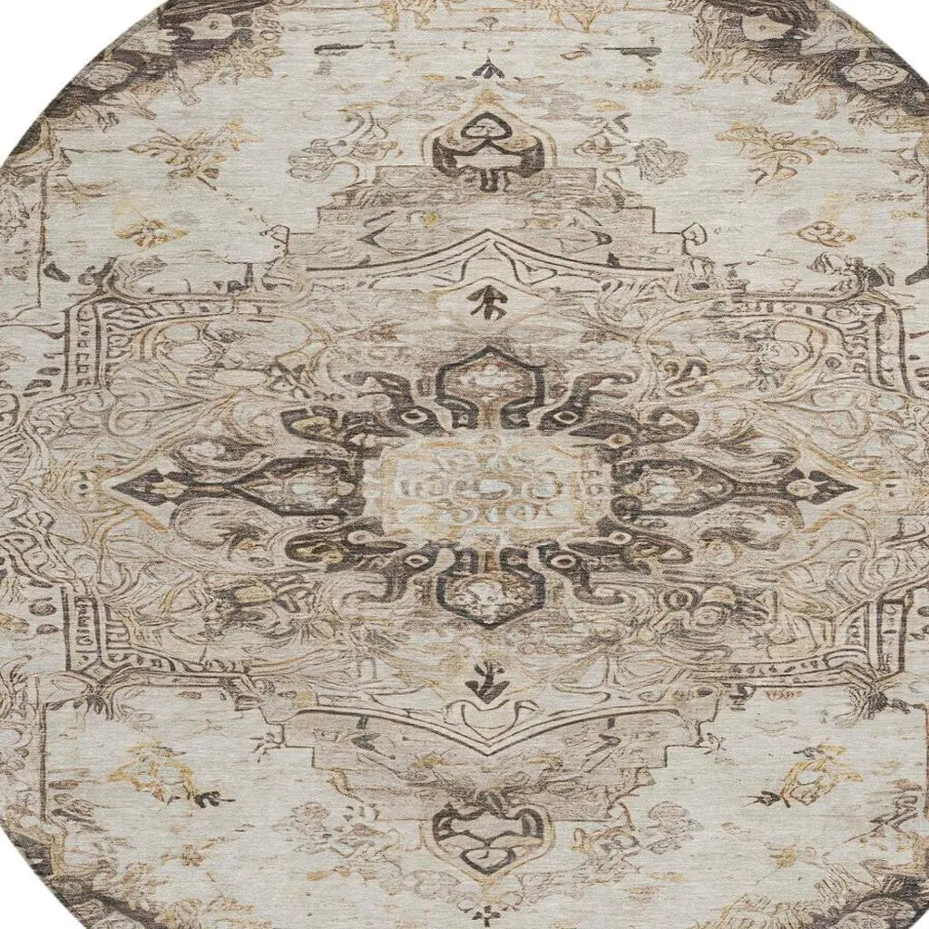 8' Beige And Brown Round Floral Medallion Washable Indoor Outdoor Area Rug Homeroots Outdoor