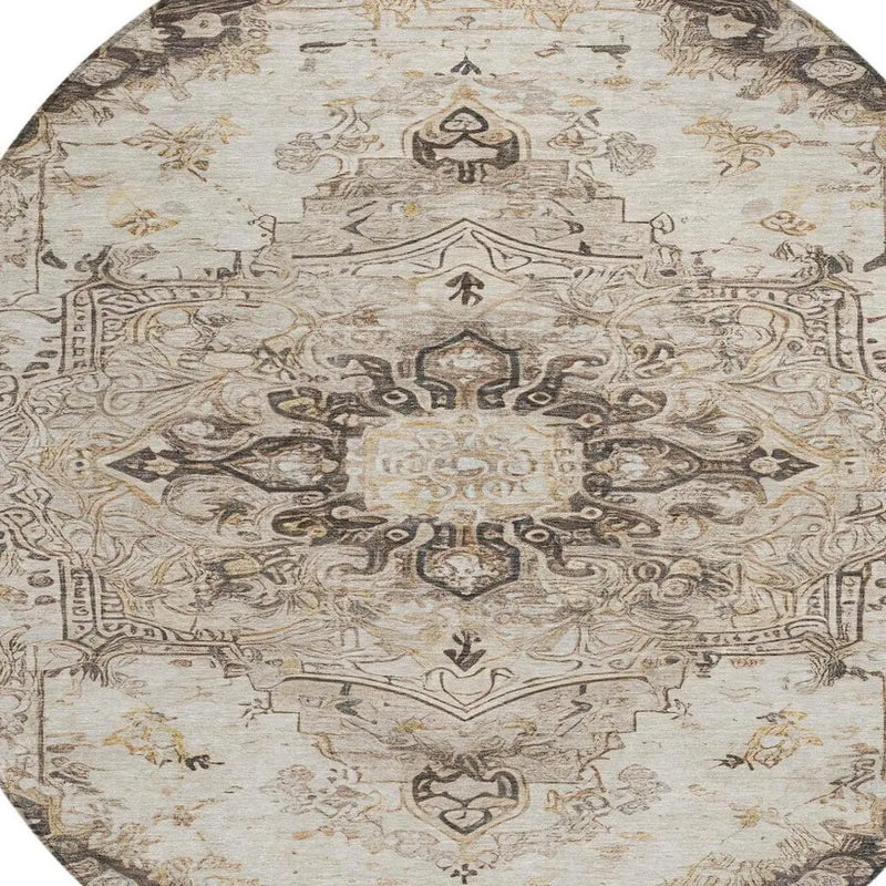 8' Beige And Brown Round Floral Medallion Washable Indoor Outdoor Area Rug Homeroots Outdoor