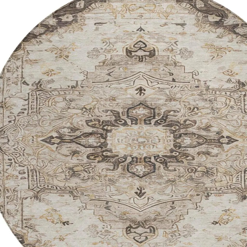8' Beige And Brown Round Floral Medallion Washable Indoor Outdoor Area Rug Homeroots Outdoor