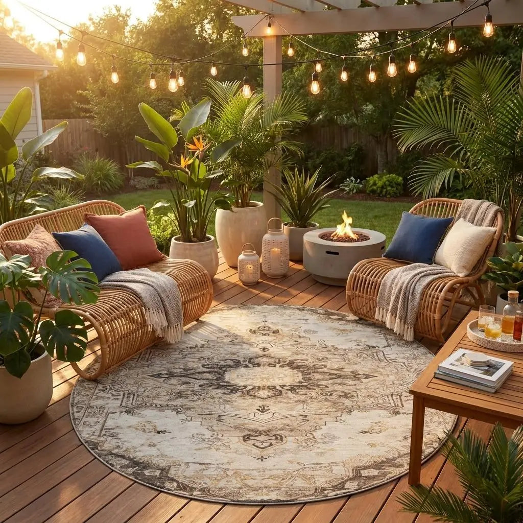8' Beige And Brown Round Floral Medallion Washable Indoor Outdoor Area Rug Homeroots Outdoor