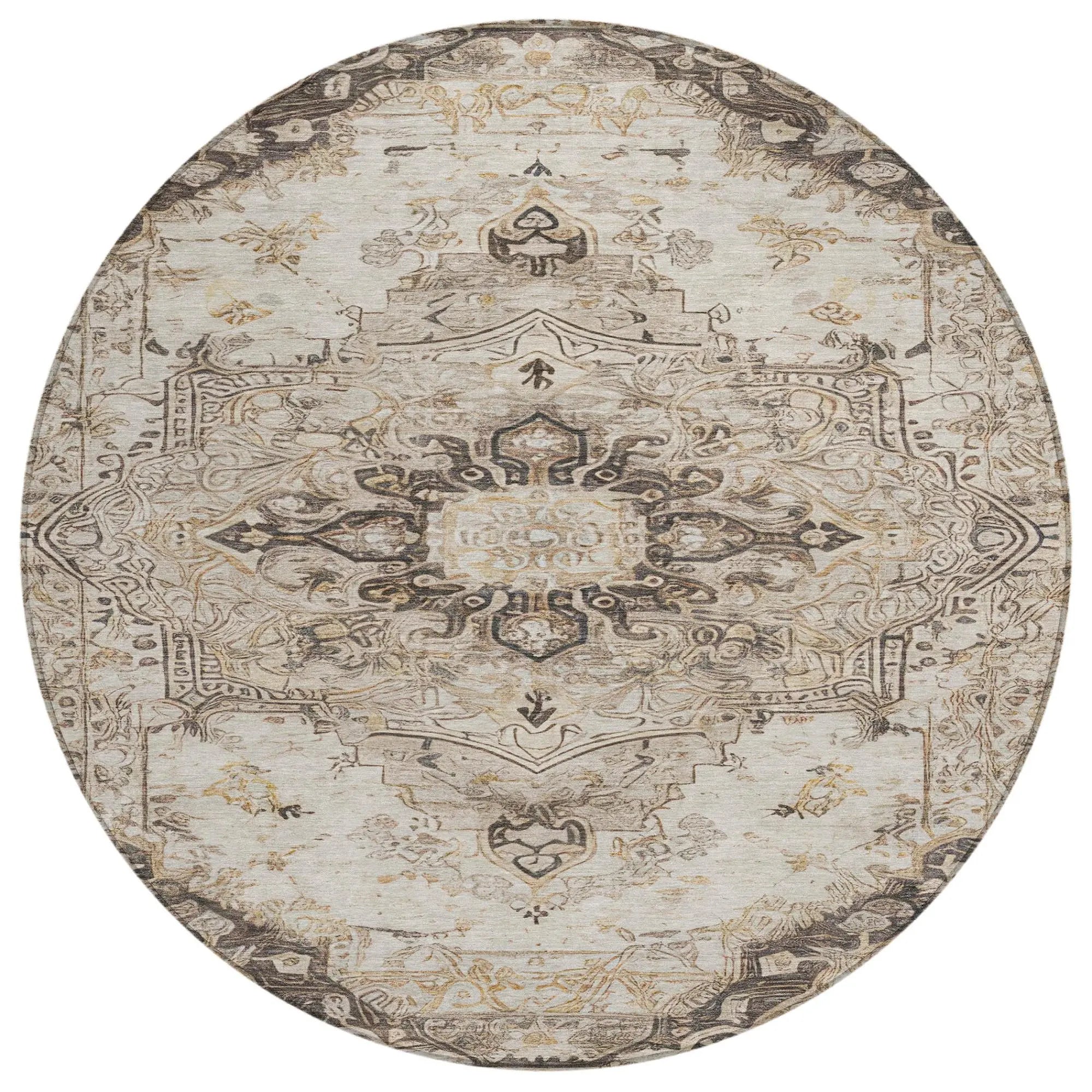 8' Beige And Brown Round Floral Medallion Washable Indoor Outdoor Area Rug Homeroots Outdoor