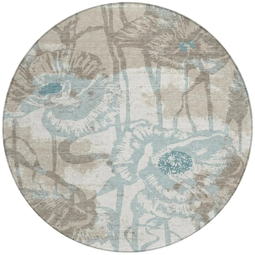 8' Beige And Brown Round Floral Washable Indoor Outdoor Area Rug Homeroots Outdoor