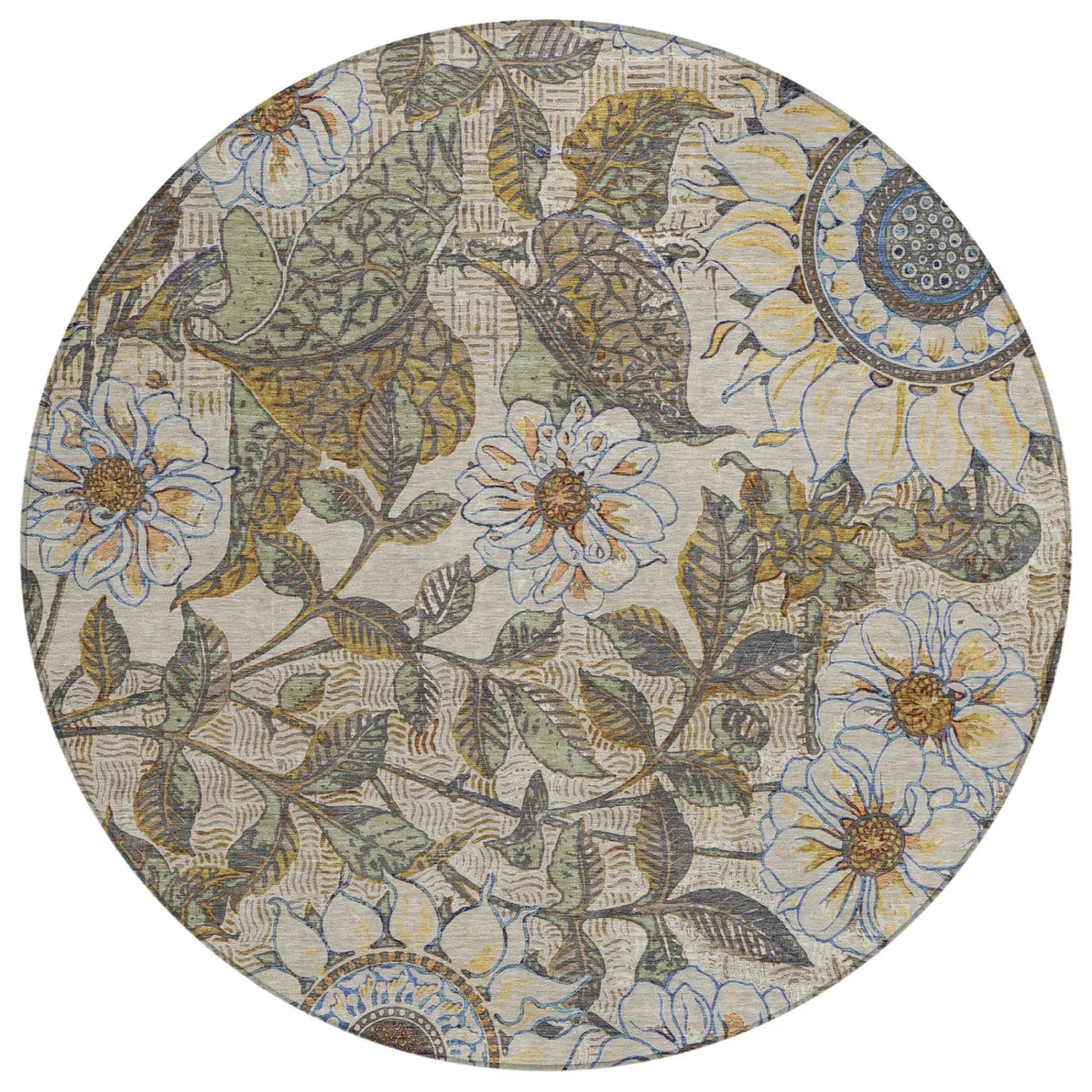 8' Beige And Brown Round Floral Washable Indoor Outdoor Area Rug Homeroots Outdoor
