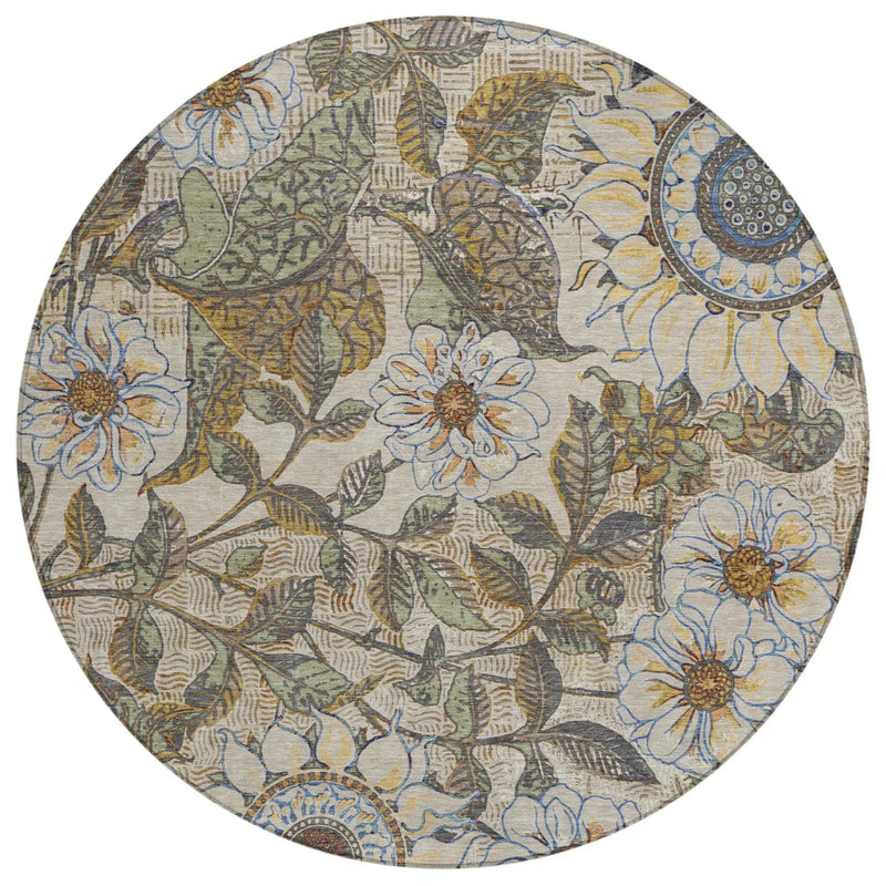 8' Beige And Brown Round Floral Washable Indoor Outdoor Area Rug Homeroots Outdoor
