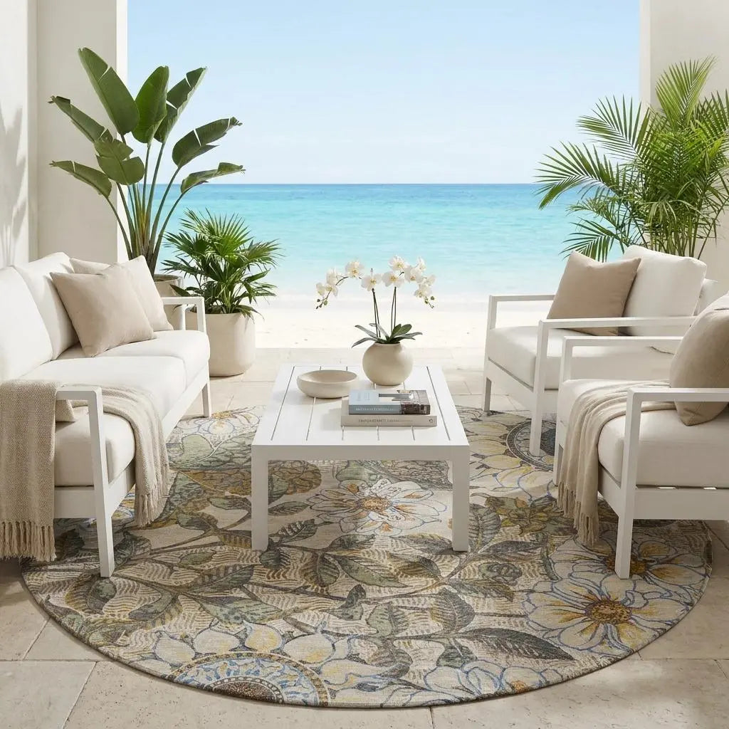8' Beige And Brown Round Floral Washable Indoor Outdoor Area Rug Homeroots Outdoor