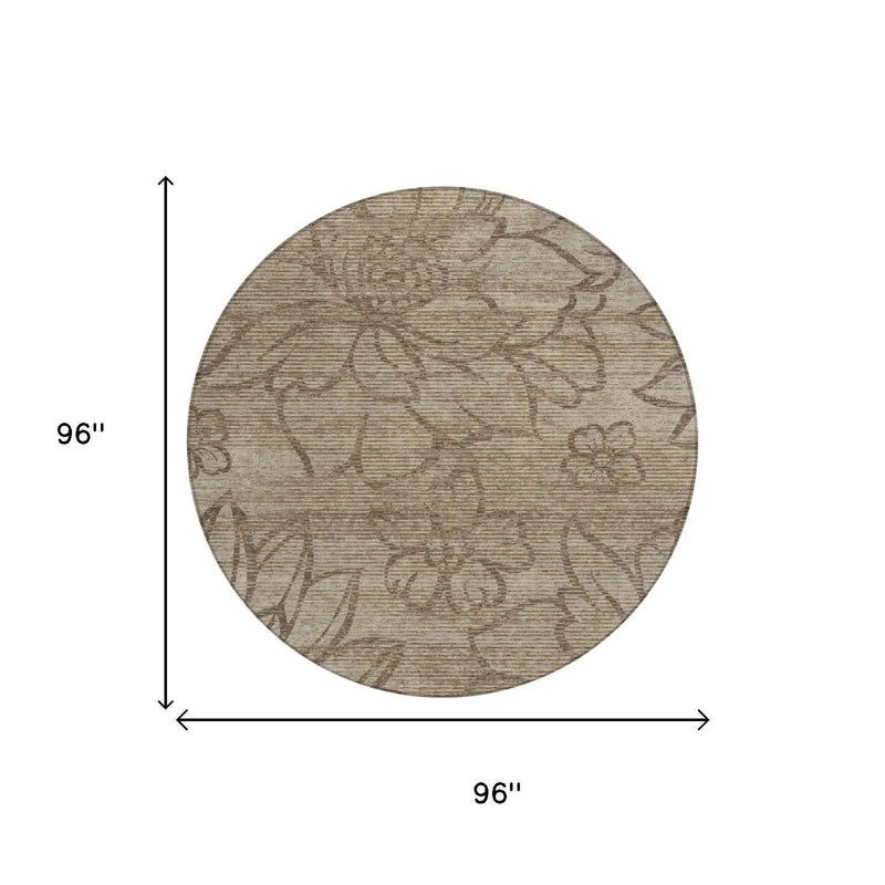 8' Beige And Brown Round Floral Washable Indoor Outdoor Area Rug Homeroots Outdoor