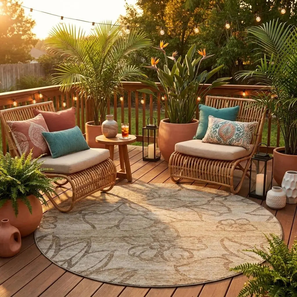 8' Beige And Brown Round Floral Washable Indoor Outdoor Area Rug Homeroots Outdoor