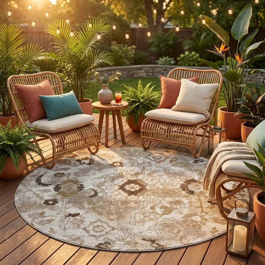 8' Beige And Brown Round Floral Washable Indoor Outdoor Area Rug Homeroots Outdoor
