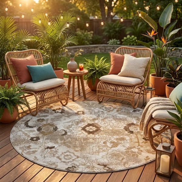 8' Beige And Brown Round Floral Washable Indoor Outdoor Area Rug Homeroots Outdoor