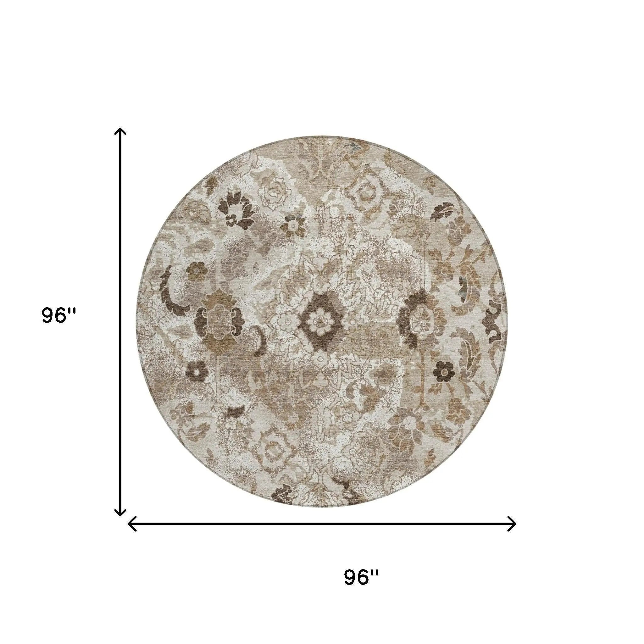 8' Beige And Brown Round Floral Washable Indoor Outdoor Area Rug Homeroots Outdoor