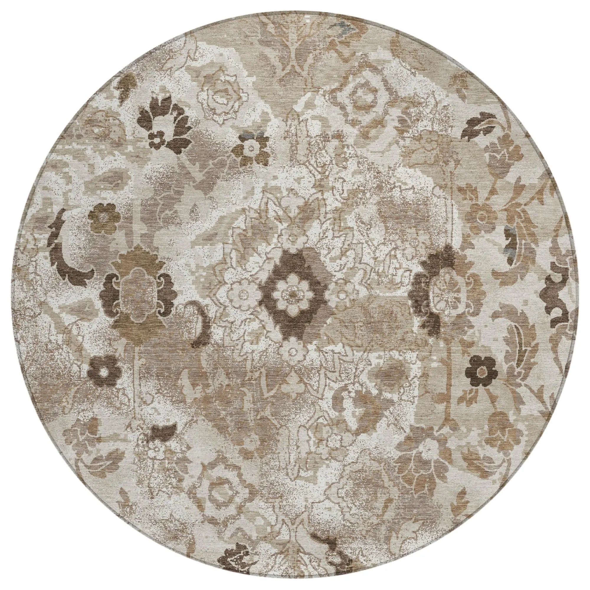 8' Beige And Brown Round Floral Washable Indoor Outdoor Area Rug Homeroots Outdoor