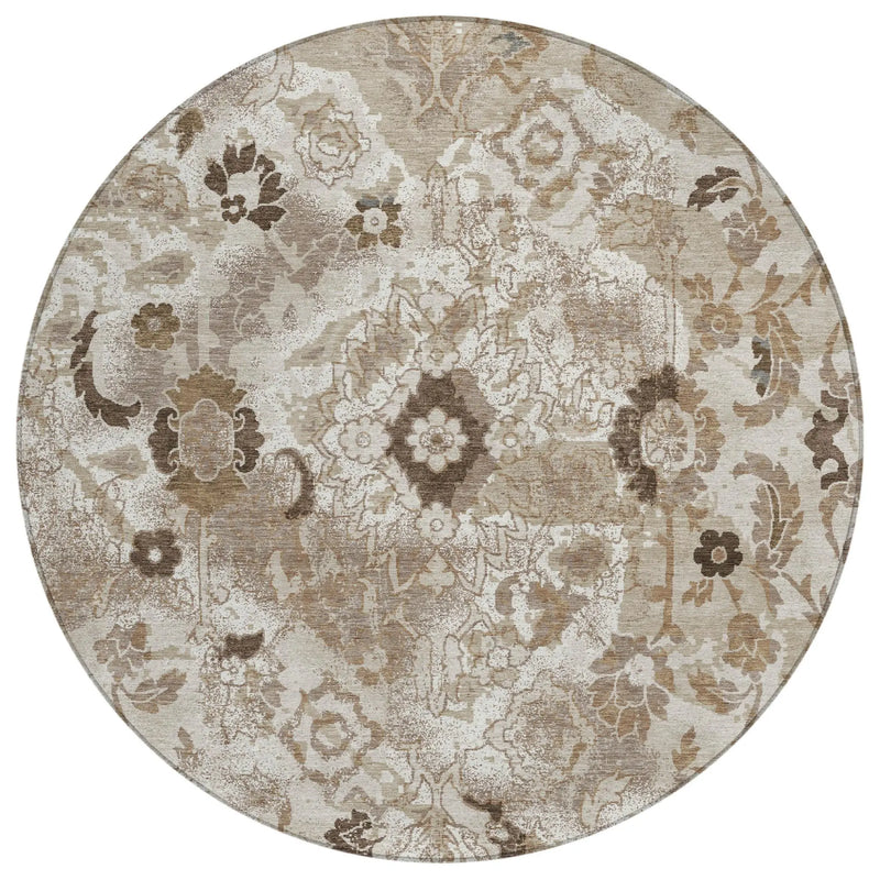 8' Beige And Brown Round Floral Washable Indoor Outdoor Area Rug Homeroots Outdoor