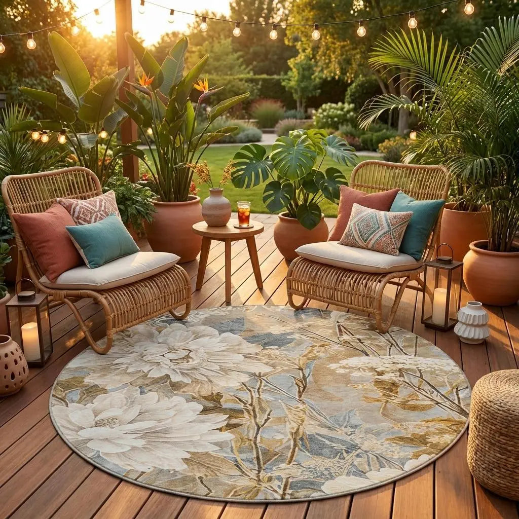 8' Beige And Brown Round Floral Washable Indoor Outdoor Area Rug Homeroots Outdoor