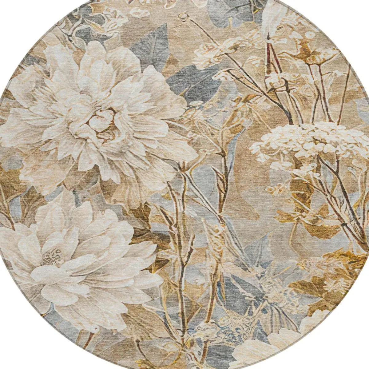 8' Beige And Brown Round Floral Washable Indoor Outdoor Area Rug Homeroots Outdoor