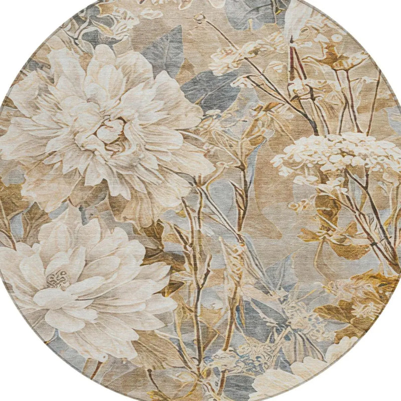 8' Beige And Brown Round Floral Washable Indoor Outdoor Area Rug Homeroots Outdoor