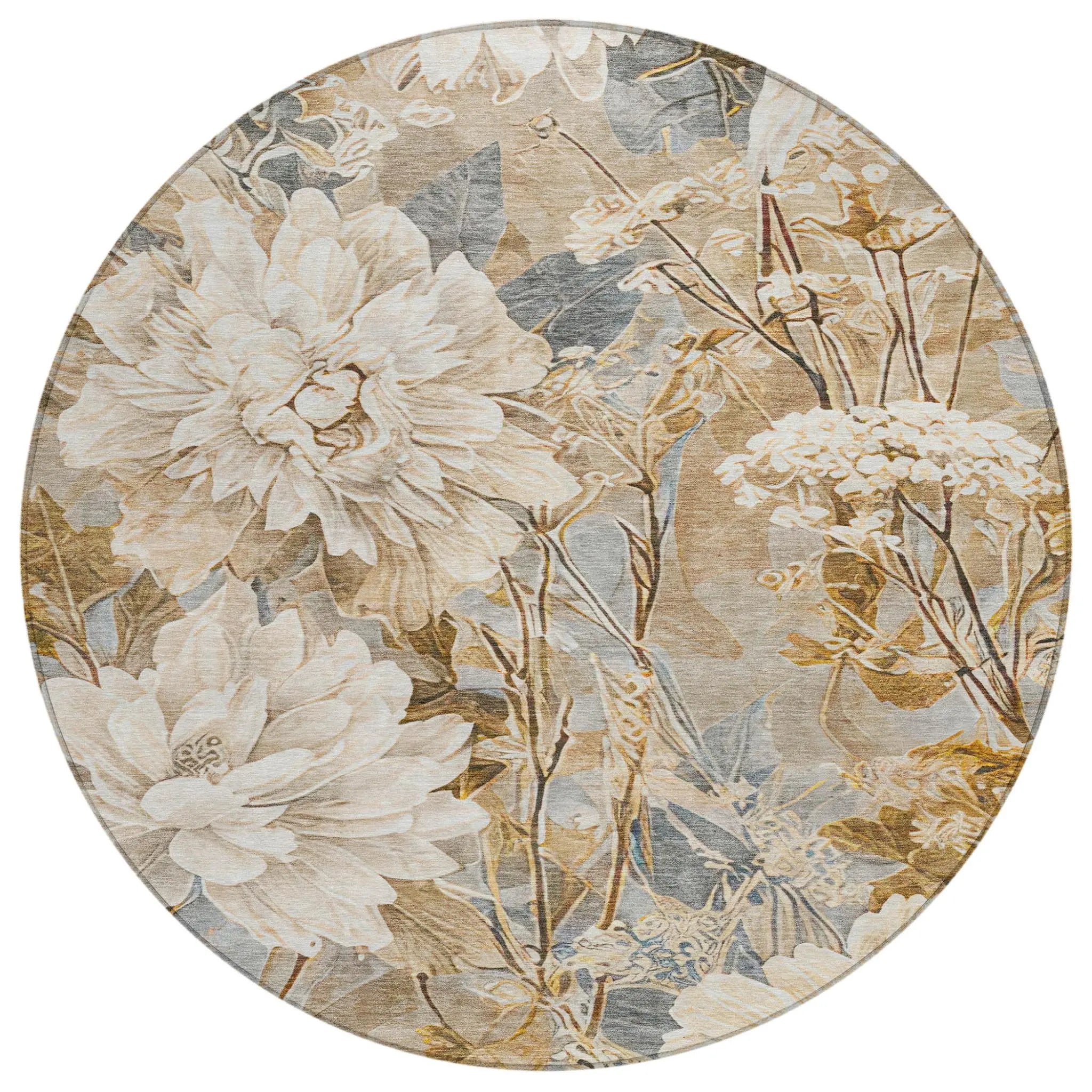 8' Beige And Brown Round Floral Washable Indoor Outdoor Area Rug Homeroots Outdoor