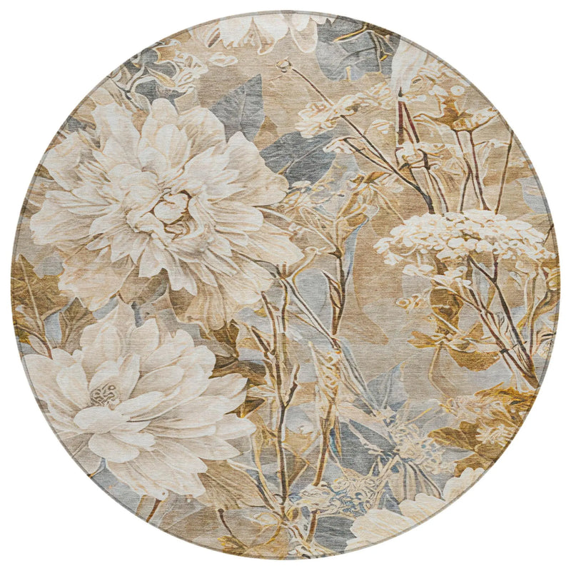 8' Beige And Brown Round Floral Washable Indoor Outdoor Area Rug Homeroots Outdoor