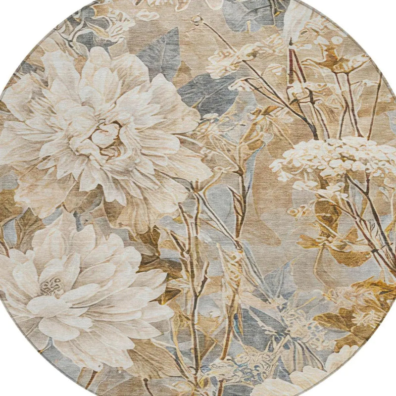 8' Beige And Brown Round Floral Washable Indoor Outdoor Area Rug Homeroots Outdoor