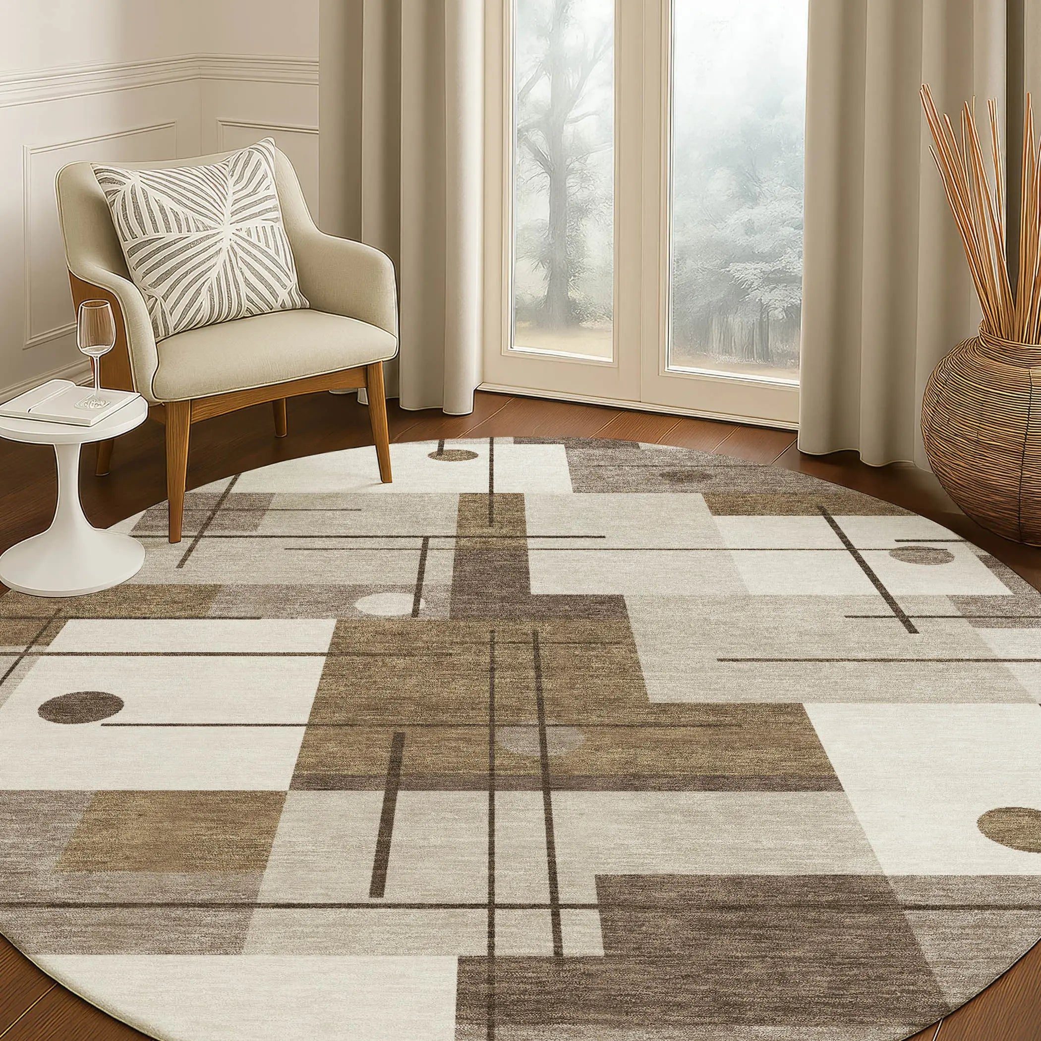 8' Beige And Brown Round Geometric Washable Indoor Outdoor Area Rug Homeroots Outdoor