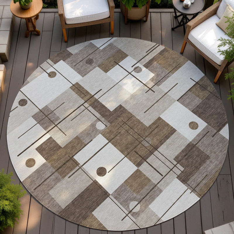8' Beige And Brown Round Geometric Washable Indoor Outdoor Area Rug Homeroots Outdoor
