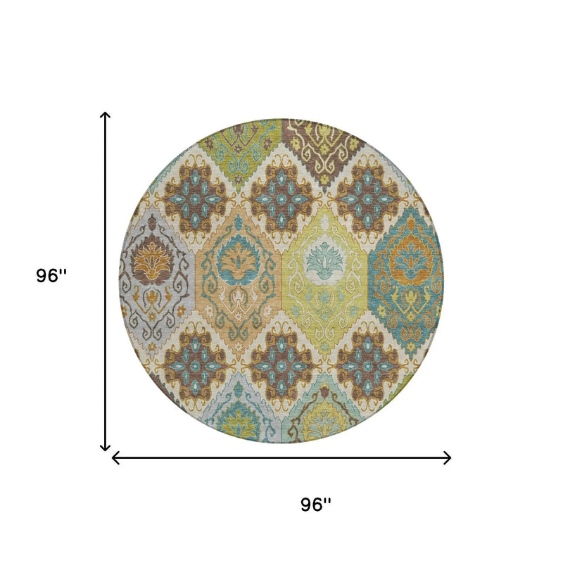 8' Beige And Brown Round Geometric Washable Indoor Outdoor Area Rug Homeroots Outdoor