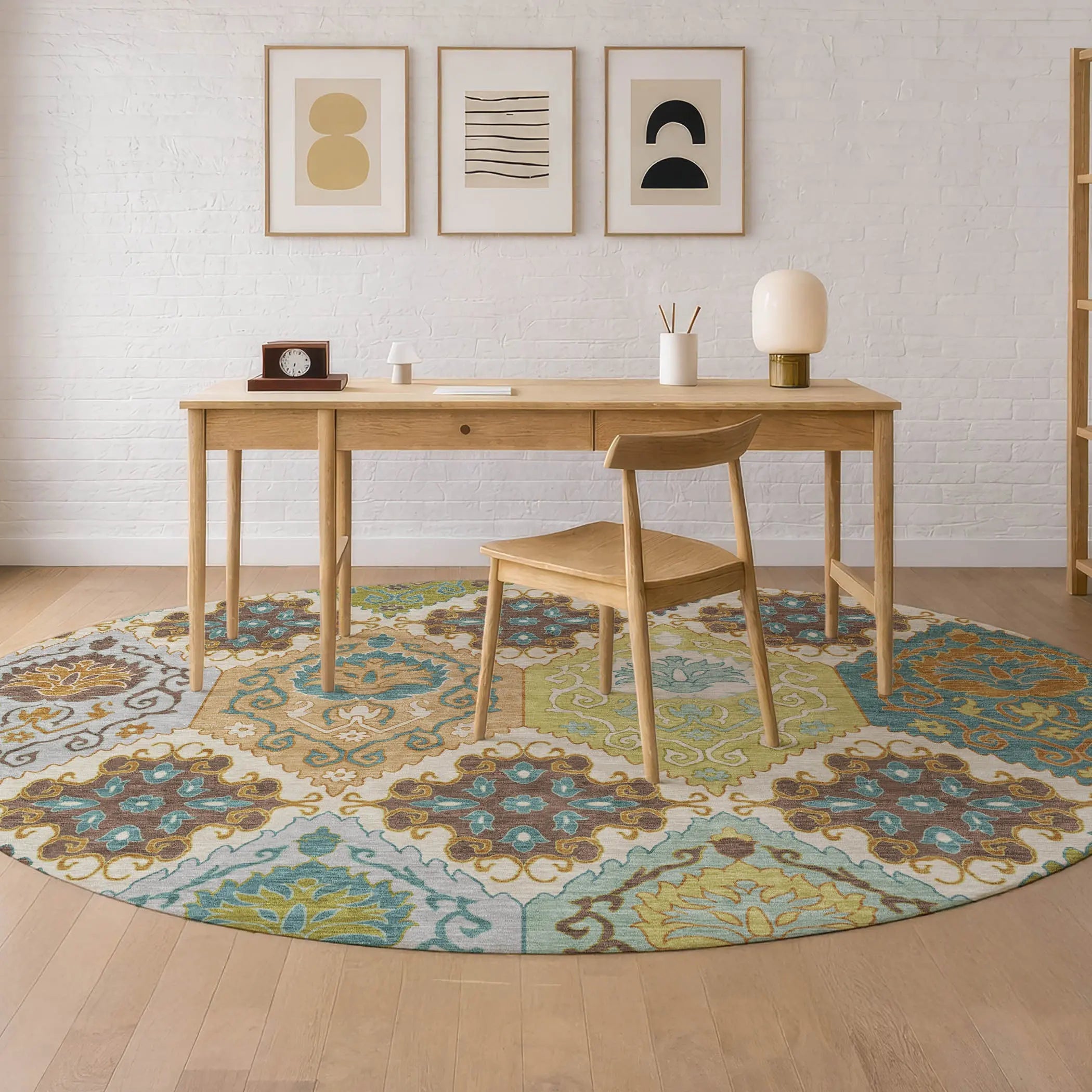 8' Beige And Brown Round Geometric Washable Indoor Outdoor Area Rug Homeroots Outdoor