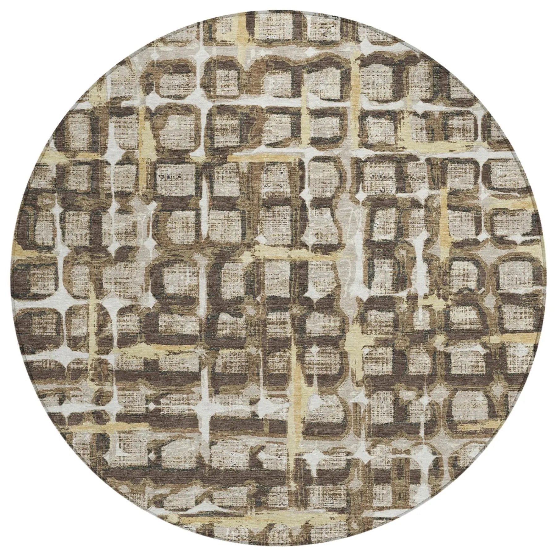 8' Beige And Brown Round Geometric Washable Indoor Outdoor Area Rug Homeroots Outdoor