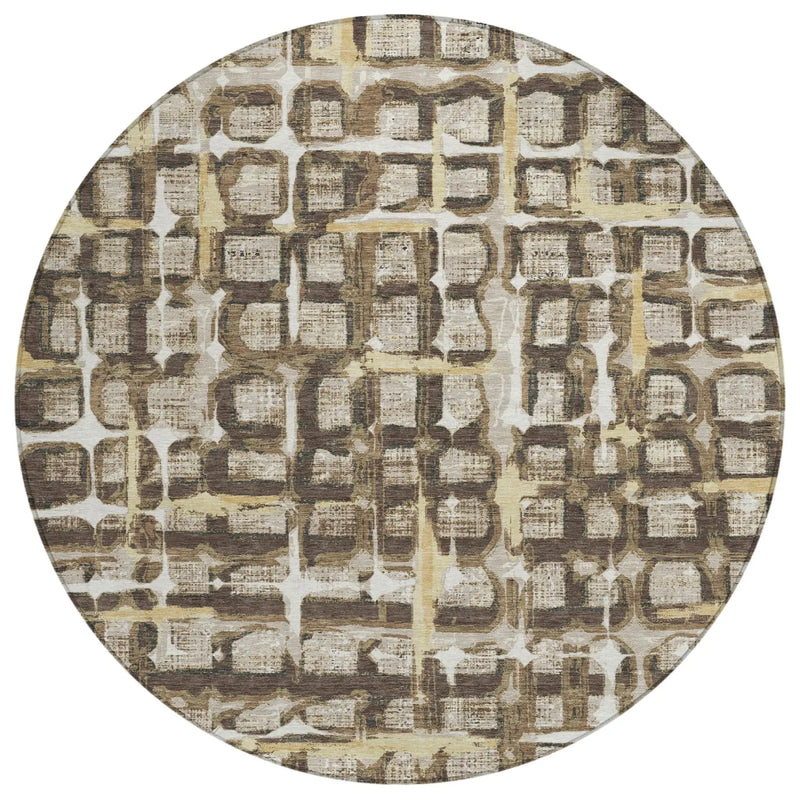 8' Beige And Brown Round Geometric Washable Indoor Outdoor Area Rug Homeroots Outdoor