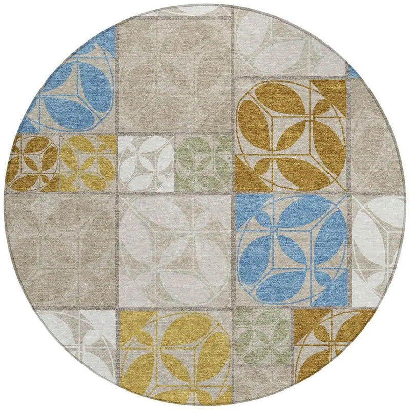 8' Beige And Brown Round Geometric Washable Indoor Outdoor Area Rug Homeroots Outdoor