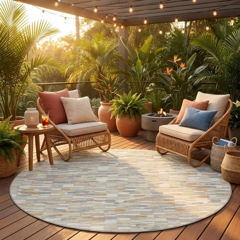 8' Beige And Brown Round Geometric Washable Indoor Outdoor Area Rug Homeroots Outdoor