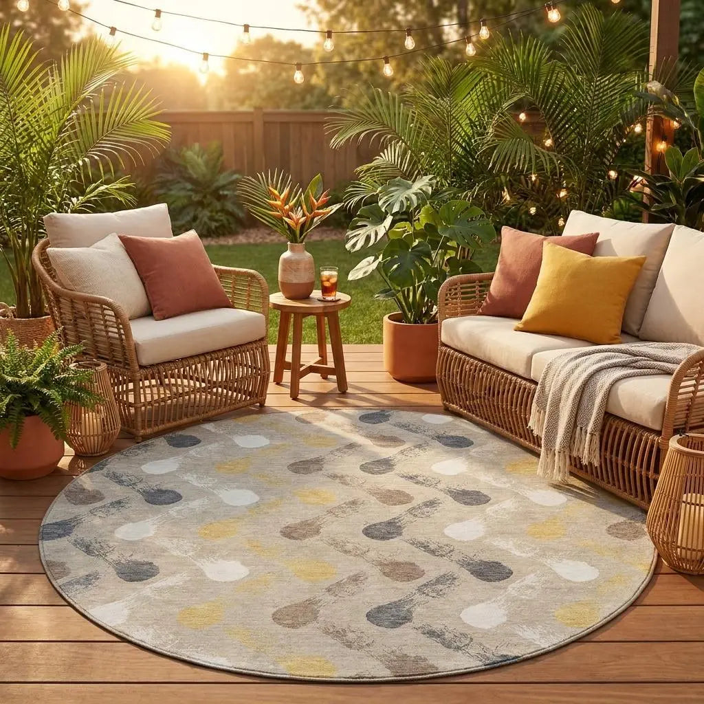 8' Beige And Brown Round Geometric Washable Indoor Outdoor Area Rug Homeroots Outdoor