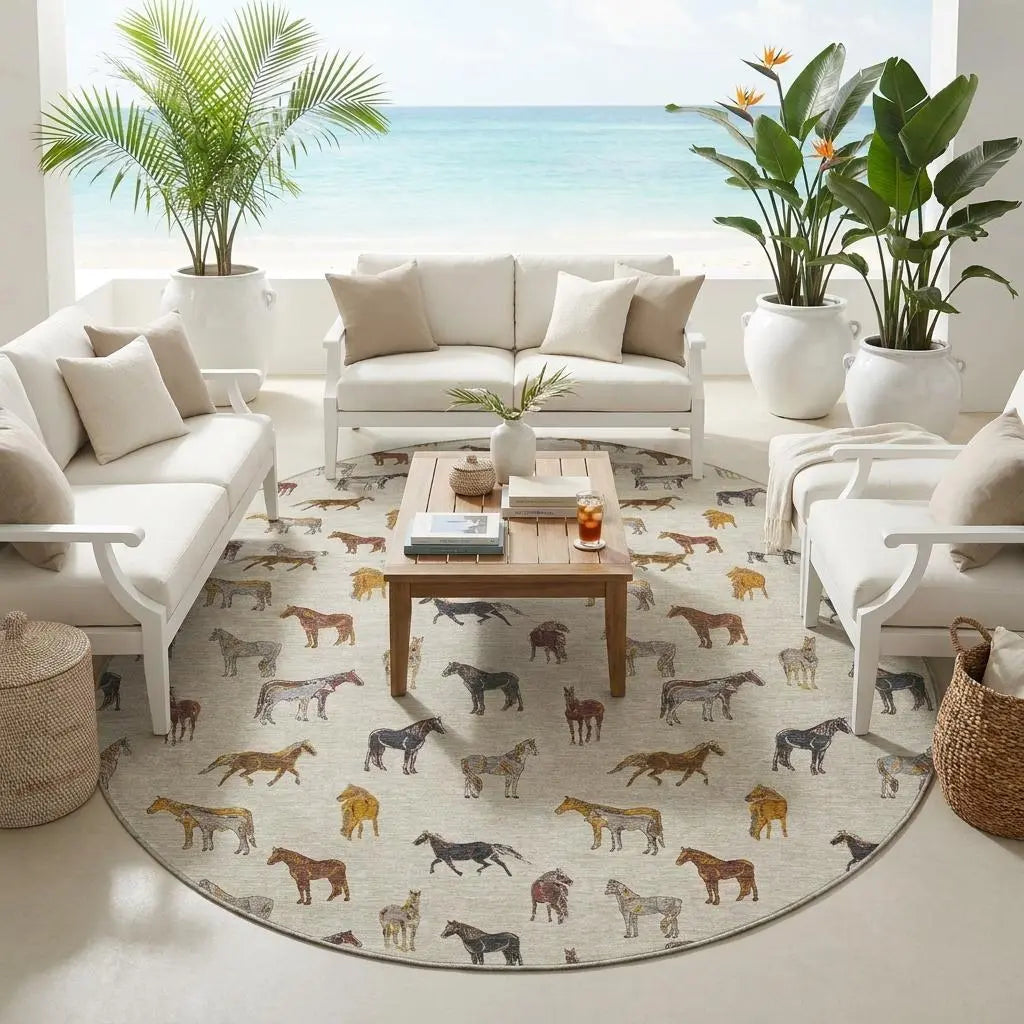 8' Beige And Brown Round Horse Washable Indoor Outdoor Area Rug Homeroots Outdoor