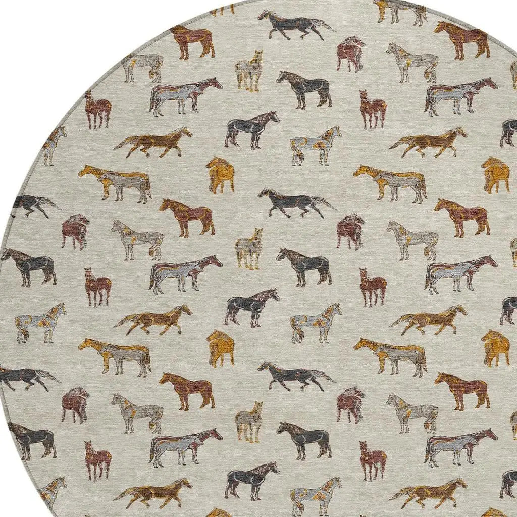 8' Beige And Brown Round Horse Washable Indoor Outdoor Area Rug Homeroots Outdoor