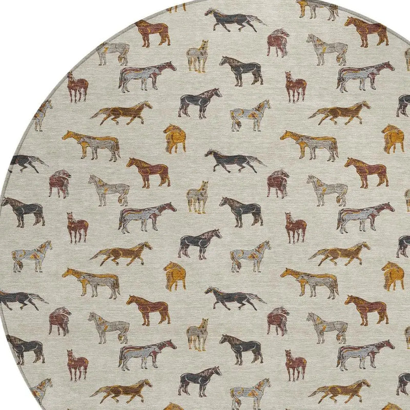8' Beige And Brown Round Horse Washable Indoor Outdoor Area Rug Homeroots Outdoor